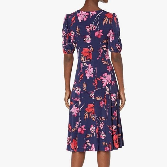 Vince Camuto Floral V-Neck‎ Midi Dress Size 4 Navy Pink Ruched Feminine Romantic - Picture 5 of 15